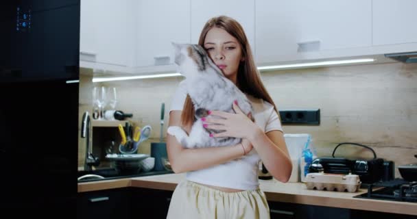 Een jong meisje met een kat in haar armen thuis in de keuken. Langzame beweging. — Stockvideo