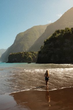 Terk edilmiş yürüteç, gölgeli deniz kıyılarını barışçıl bir şekilde keşfeder, uçsuz bucaksız tepelerin altındaki yumuşak siyah kumların altında tek başına yolculuk eder.