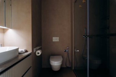 Duvara monte edilmiş tuvalet ve cam duş bölmesi olan küçük bir banyo. Huysuz nötr tonlar, temiz kiremitler, krom armatürler, kibir