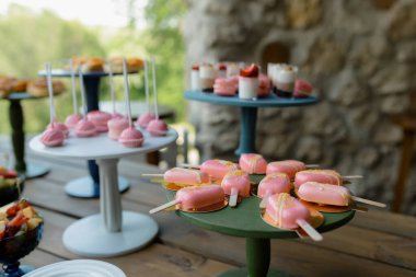 Pastel şekerlemeler kırsal alanda sergileniyor, fırın stilisti pastel kaplamalı ikramları bahçe için hazırlıyor.