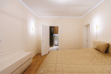 Geniş yatak odası ayna kapısına bakıyor ve depo inşa ediyor, nötr palet, parke döşeme, sabah ışığı...,