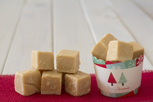 Cup of Caramel Fudge Christmas Gift with Stack on Side