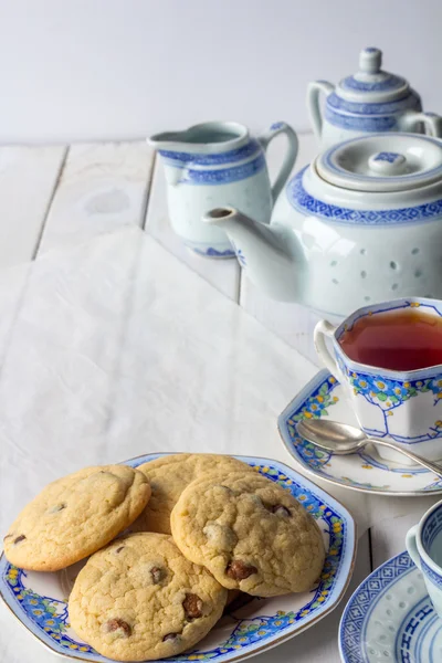 Fresh Baked Cookies and Tea Set with Copy Space Vertical — Stock Photo, Image