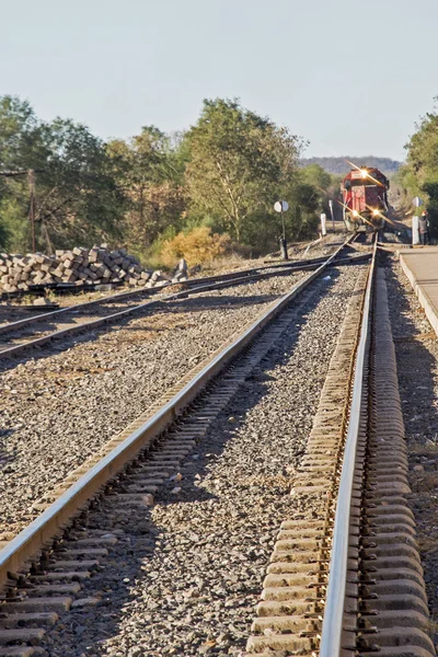 Jernbanespor med lokomotiv - Stock-foto