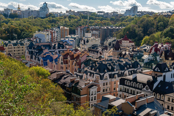 Kyiv (Kiev), Ukraine - October 8, 2020: Residential buildings in Kyiv, ancient and tourist region Podil (Podol) with modern and old prerevolutionary buildings and different atchitecture, Vozdvizhenka
