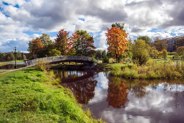Köprü, nehir ve kentin parlak akçaağaç sonbahar manzara