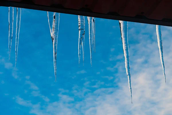 Ice Icicles Hanging Edge Roof Blue Sky — Stock Photo, Image
