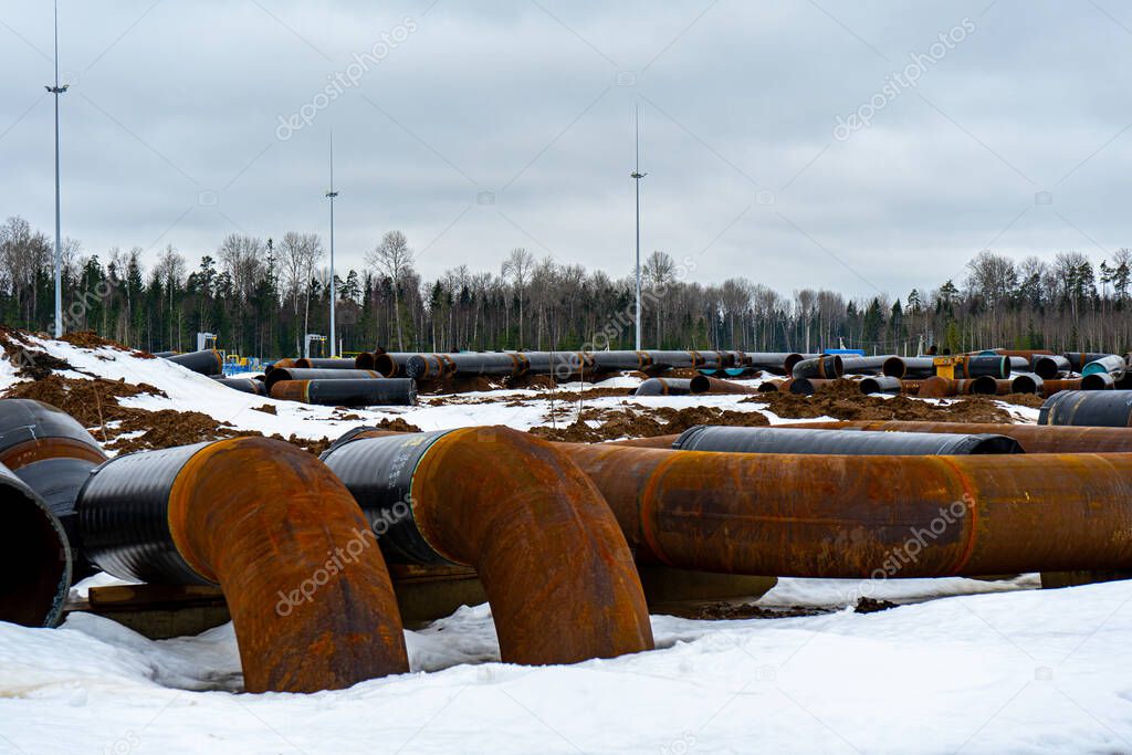 Warehouse of pipes for a gas pipeline. Gas industry, gas pipeline laying