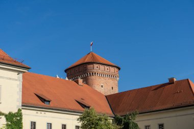 Polonya bayrağı taşıyan Wawel Kraliyet Kalesi Senatör Kulesi, Krakow, Polonya. Mavi gökyüzünün altındaki Wawel Kalesi 'nde tarihi tuğla takviye kulesi.