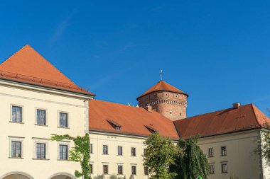 Wawel Kraliyet Kalesi avlusunda Senatör Tower ve tarihi binalar, Krakow, Polonya