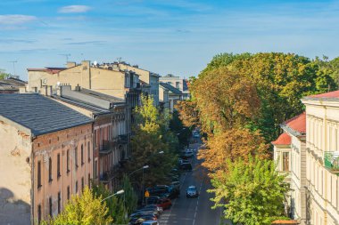 Krakow, Polonya - 27.09.2025: Tarihi I Eski Kent Krakow 'daki Garncarska Caddesi' nin yüksek açılı manzarası.