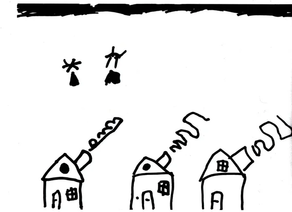 Children drawing of village with houses isolated on white background.