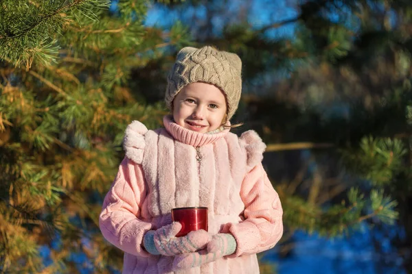 Cute Little Girl Holding Cup Hot Tea Winter Forest Happy — Stock Photo, Image