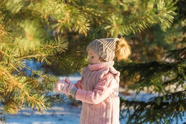 Adorable Girl Playing Pine Tree Winter Forest Happy Childhood Kids — Stock Photo, Image