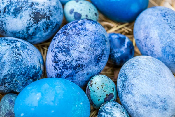 Uova Pasqua Blu Primo Piano Messa Fuoco Selettiva Profondità Campo — Foto Stock