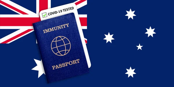 Immunity passport and test result for COVID-19 on flag of Australia. Certificate for people who have had coronavirus or made vaccine. Vaccination passport against covid-19 that allows you travel