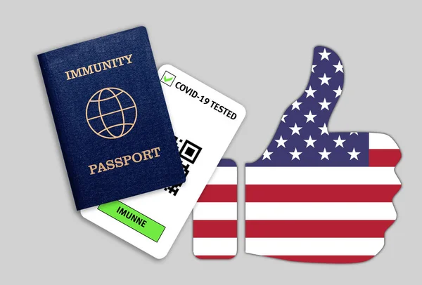 Immune passport and coronavirus test with thumb up with flag of USA. Concept of immunity to COVID-19. Certificate for people who have had coronavirus or made vaccine.