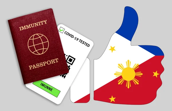 Immune passport and coronavirus test with thumb up with flag of Philippines. Concept of immunity to COVID-19. Certificate for people who have had coronavirus or made vaccine.