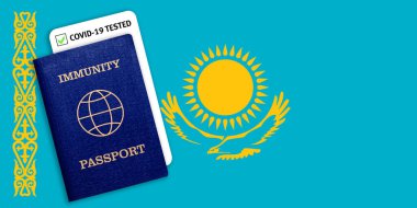 Dokunulmazlık belgesi, koronavirüsü olan ya da COVID-19 için aşı yapan Kazakistan bayrağında test sonuçları olan insanlar için salgın sonrası seyahat belgesi.