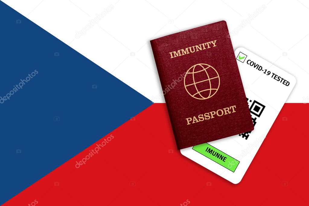 Concept of immunity to coronavirus. Immunity passport and test result for COVID-19 on flag of Czech. Vaccination passport against covid-19 that allows you travel around the world.
