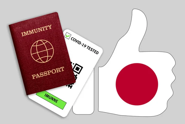 Immune passport and coronavirus test with thumb up with flag of Japan. Concept of immunity to COVID-19. Certificate for people who have had coronavirus or made vaccine.