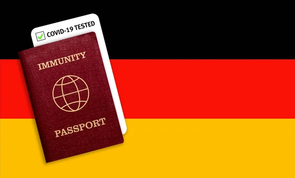 Immunity passport and test result for COVID-19 on flag of Germany. Certificate for people who have had coronavirus or made vaccine. Vaccination passport against covid-19 that allows you travel