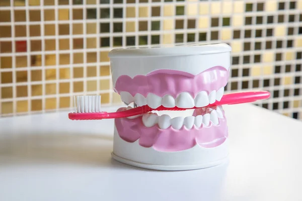 Diş Temizliği Diş Fırçası Modeli Dişçi Muayenehanesindeki Masada Kırmızı Diş — Stok fotoğraf