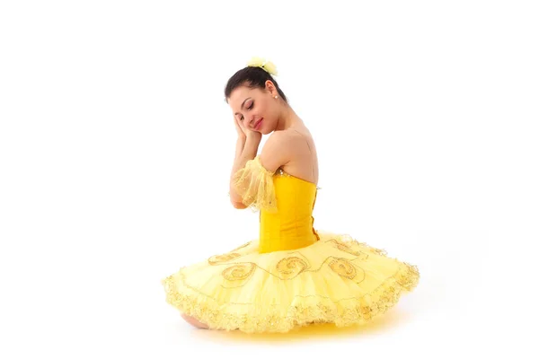 Giovane Ballerina Moderna Con Tutù Giallo Che Posa Sfondo Bianco — Foto Stock