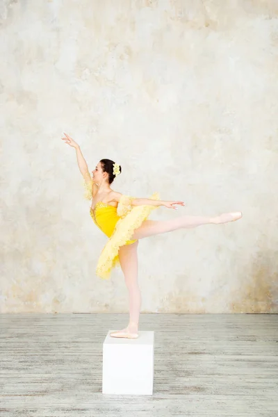 Young modern ballet dancer in yellow dress posing in the light ballet room