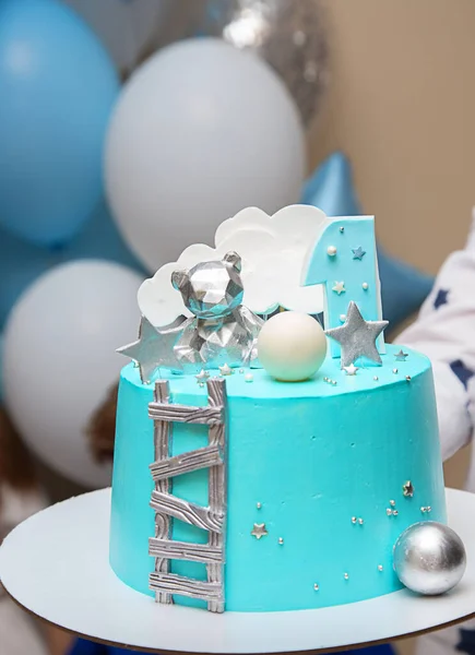 Birthday Cake Litltle Boy Light Blue Mirror Glaze Chocolate Decor — Stock Photo, Image