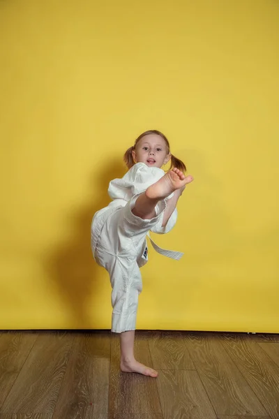 Kimonolu Kafkas Kız 'ın portresi. Evde sarı arka planda karate yapıyor.