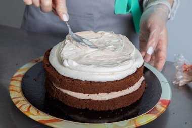 Kadın, aşçıya çikolatalı kekin ikinci tabakasına krema sürmesi için el uzatıyor. Çikolatalı Kek Yapıyorum. Seri.