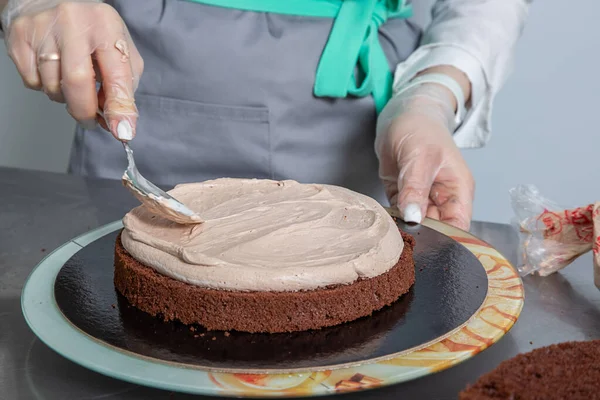 Woman hands chef spreading cream on first layer of Chocolate cake. Making Chocolate Layer Cake. Series.