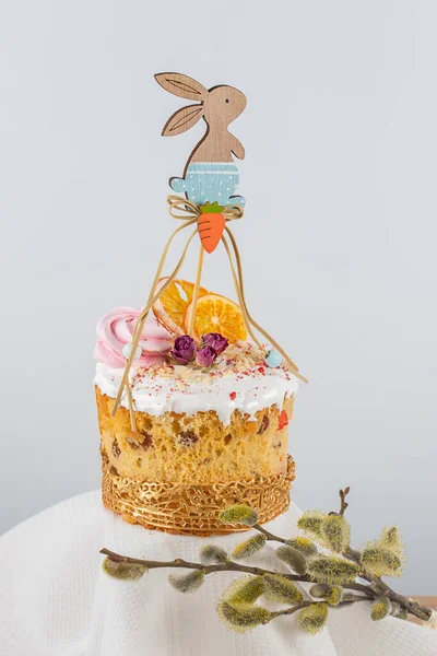 Easter Cake Decorative Wooden Ornament Form Rabbit Dried Oranges Sprig — Zdjęcie stockowe