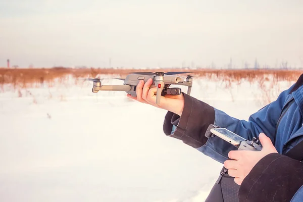 Caucasian Male Blue Jacket Launching Flying Drone Remote Controller His — Stock Photo, Image