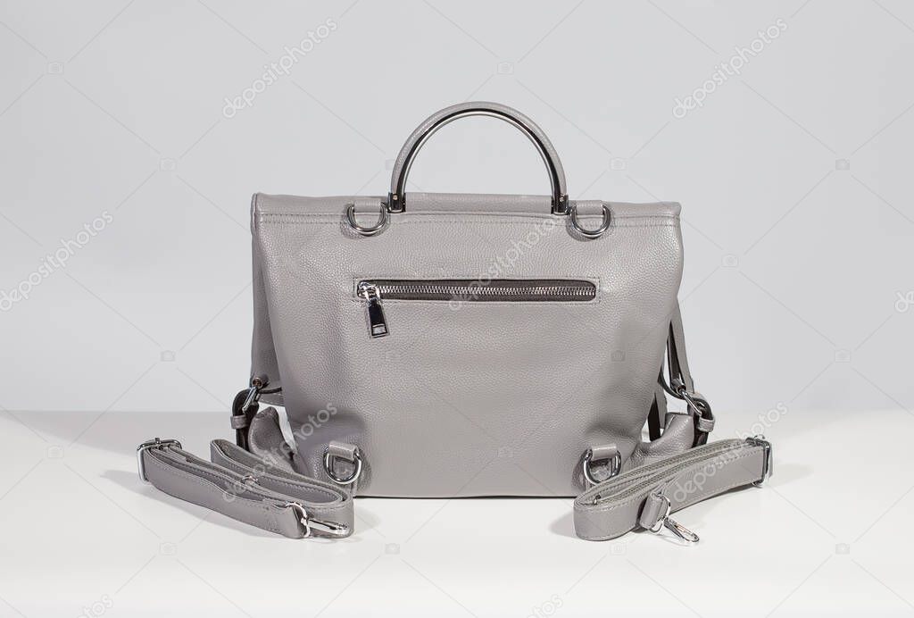 Gray eco leather office handle bag on white background.