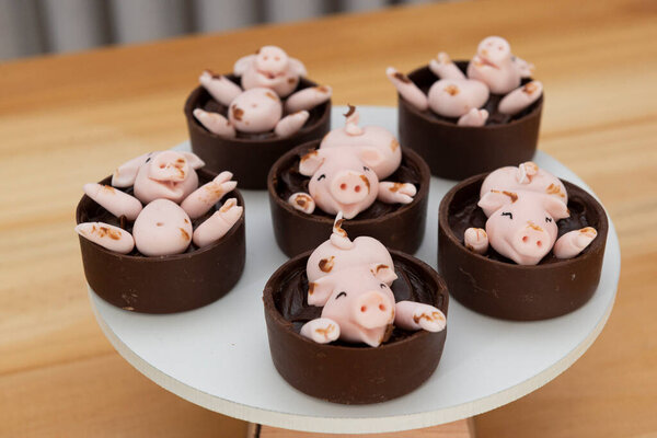 White tray with decorated candies, happy cute pink pigs playing in the mud made of marzipan and chocolate. Selective focus. Little pigs having fun in the mud - funny decorated candy.