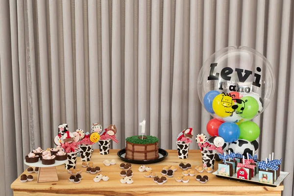乡村儿童生日蛋糕桌与农场 乡村主题蛋糕和糖果 孩子们在家中举行的带有气球和装饰品的周岁生日晚会 — 图库照片
