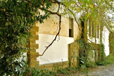 Üç köşeli çatısı olan, gün ışığında çevresi bitki örtüsüyle çevrili harap olmuş terk edilmiş bir bina.