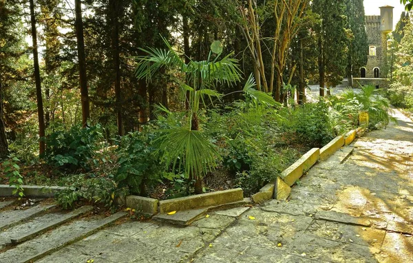 Vista Fachada Antiguo Castillo Abandonado Con Una Pequeña Torre Lado —  Fotos de Stock