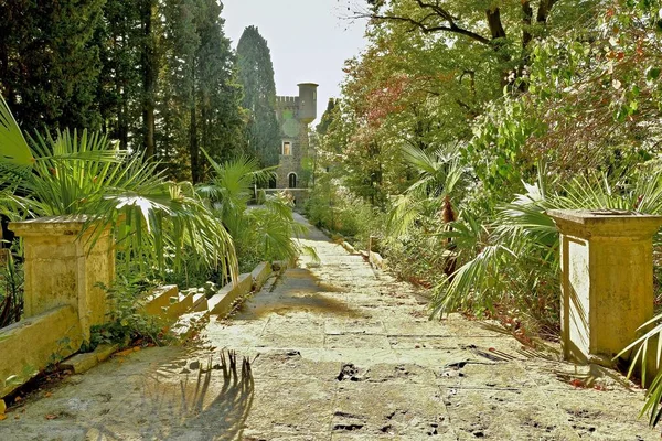 Vista Fachada Antiguo Castillo Abandonado Con Una Pequeña Torre Lado —  Fotos de Stock