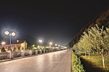 Aydınlatılmış bir gece şehrinde fenerli pürüzsüz fayanslardan yapılmış geniş kaldırımlar.