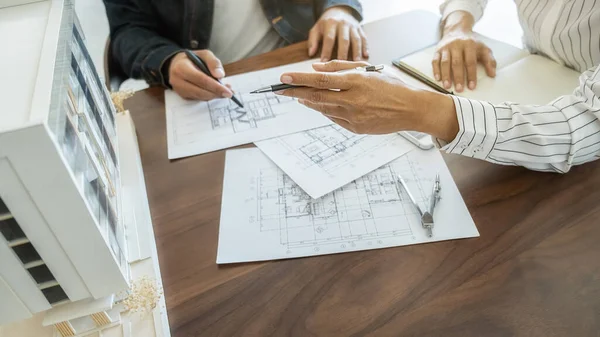 Engineer Architect Teamwork Working Construction Project Building Model Blueprint Office — Stock Photo, Image
