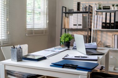 İş kadını iş yerinde ya da evde koltukta oturup dizüstü bilgisayar üzerinde çalışıyor ve şirket için iş planı ve stratejiler oluşturmak için çizelgeler ve grafikler üzerindeki verileri analiz ediyor ve kağıtlara yazıyor. İş konsepti.