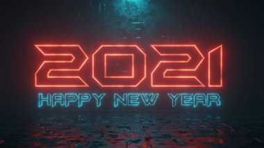 Mutlu Yıllar Teması - Kırmızı ve mavi renkli neon 2021 'in 3D çizimi ve dramatik bilim kurgu ortamında izole edilmiş yeni yıl metni ve numarası.