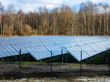 Alternatif yeşil enerji sağlayan Yeşil Enerji Güneş Panelleri (Glikol dolu) alanı. Güneş panelleri. Letonya, Salaspils 'de biyokütle kazan dairesi olan Solar Termal Isıtma Tesisi