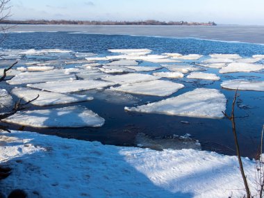 Manzara. Bahar zamanı nehirde buz parçaları