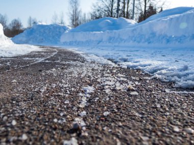 Salt grains on icy sidewalk surface in the winter. Applying salt to keep roads clear and people safe in winter weather from ice or snow, closeup view clipart