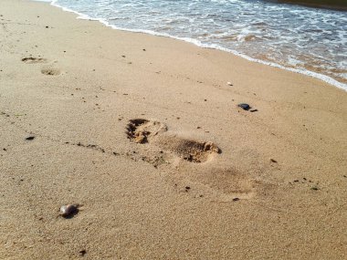 Sarı kumsaldaki insan ayak izleri Baltık kıyısı yakınlarında yalınayak yürürken ayak izlerini suyla silmiş. Hayatın tefekkürü