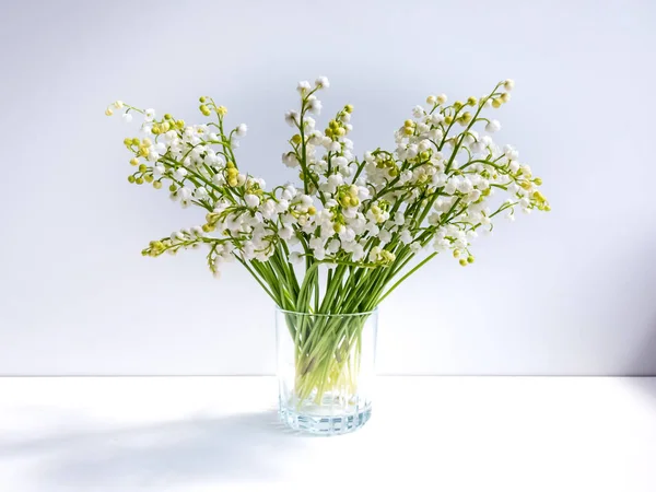 Bouquet of lily of the valley in the glass isolated on white background in bright sunlight. Delicate floral background. Pendent, bell-shaped white flowers of Lily of the valley (Convallaria majalis)